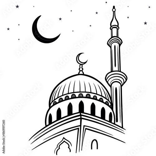 AI Generated Minimalist Islamic mosque silhouette vector with crescent and stars on white background