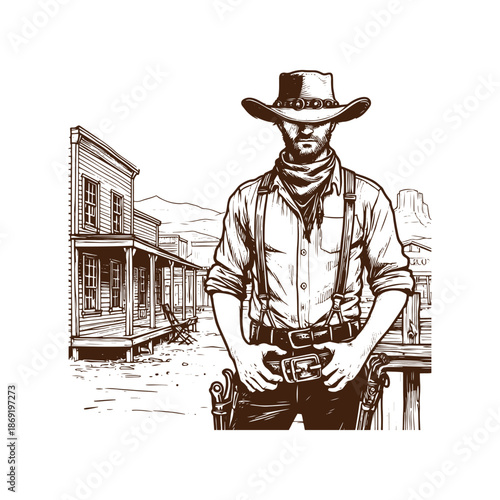 A cowboy standing in front of a western town with a gun