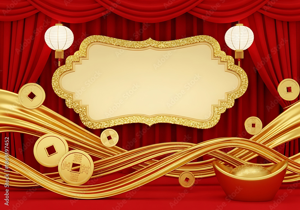 Fototapeta premium A luxurious gold and red Chinese New Year background with lanterns and coins