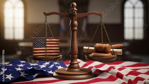 American justice system symbolism with scales and gavel