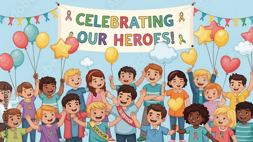 Diverse group of smiling children celebrating heroes with balloons and banner concept of appreciation and community support illustration for event