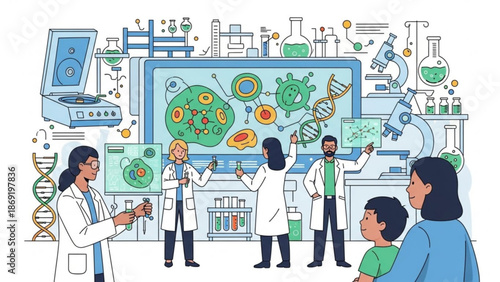 Scientists in a modern laboratory explaining biological research and DNA for educational or scientific presentation clean vector illustration