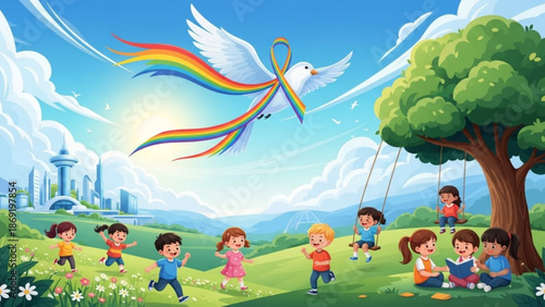 Peaceful dove with rainbow ribbon flies over diverse children playing in a park symbolizing hope and unity illustration for concept