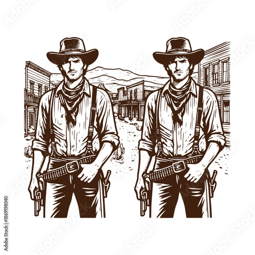 A cowboy standing in front of a western town with a gun