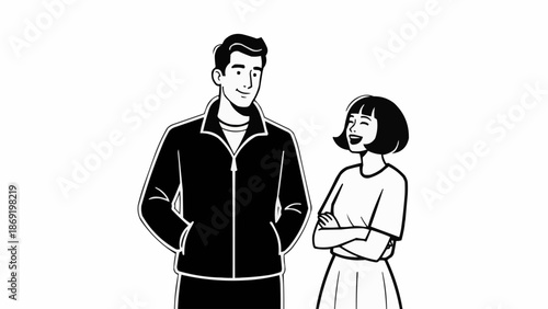 Man and Woman Standing Together Talking and Smiling.