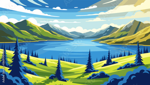 Serene Mountain Lake Landscape Vector Illustration - Beautiful Nature Scene with Lush Green Hills and Majestic Peaks Under a Clear Blue Sky