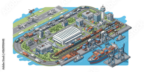 Isometric Transport and Logistics Illustration Airport, Seaport, Railway, Road