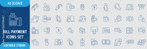 Bill Payment Line Icon Set. Finance and Billing, Invoice, Receipt, Document, ATM, Cash, Banking, Online Payment, Transaction and Accounting Icons. Editable Outline Stroke. Vector Illustration