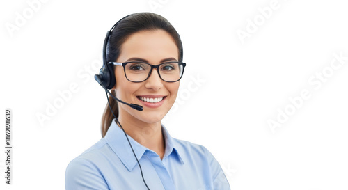 Friendly woman with headset and glasses offers customer support and assistance transparent background black background