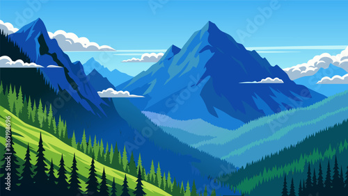 Stunning Vector Illustration of a Majestic Mountain Range and Lush Green Valleys under a Bright Sky