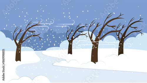 Winter landscape illustration with bare trees, falling snow, and a winding snowy path. Calm, minimalist seasonal scene with soft blue tones, ideal for winter backgrounds, holiday designs, and nature t