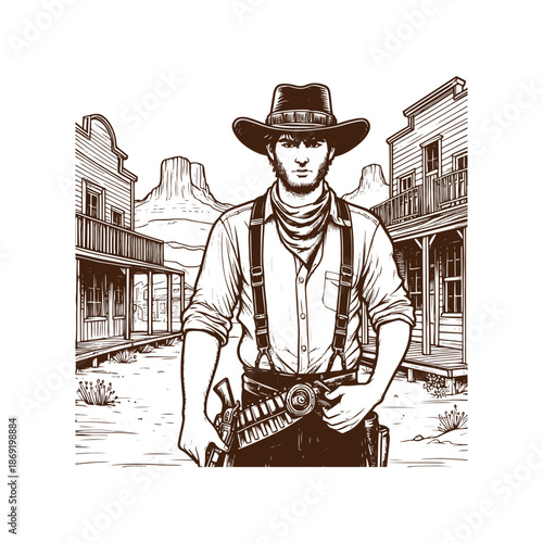 A cowboy standing in front of a western town with a gun