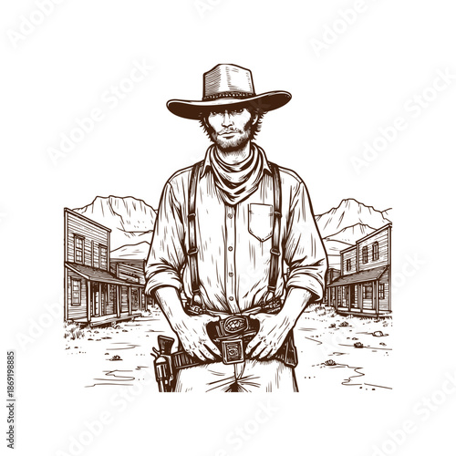A cowboy standing in front of a western town with a gun