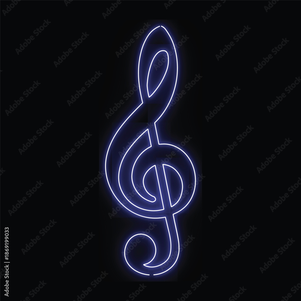 Obraz premium Blue glowing treble clef symbol on black background music symbol neon