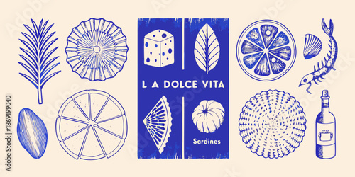 Vintage botanical illustrations with citrus fish and dice in blue tones