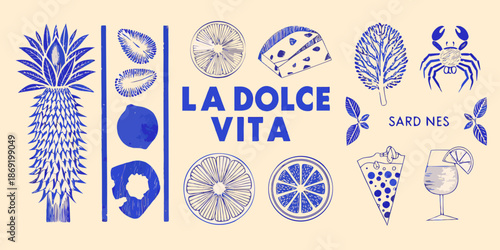 Illustrative collection of fruits sea creatures and a cocktail in blue tones