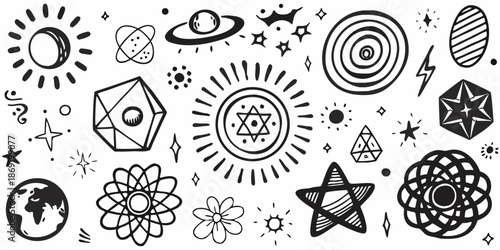 Doodle style illustration featuring space planets stars and geometric shapes