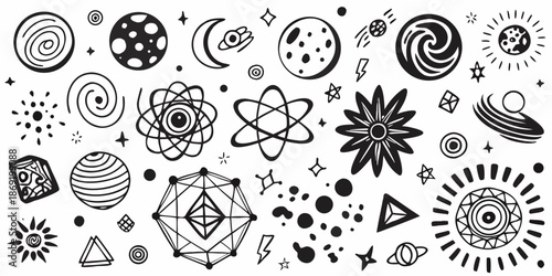 A collection of celestial bodies planetary systems and abstract cosmic designs