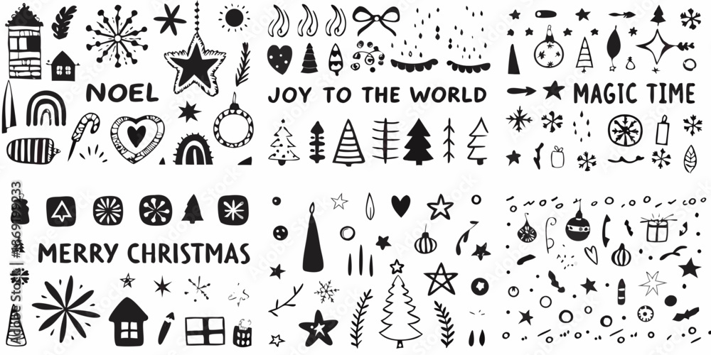 Obraz premium Festive black and white christmas doodles and hand lettered holiday greetings