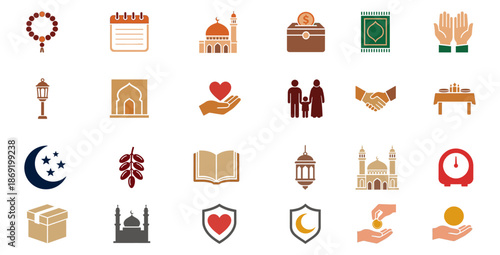 Collection of Islamic icons representing various religious and cultural symbols, faith, and spirituality