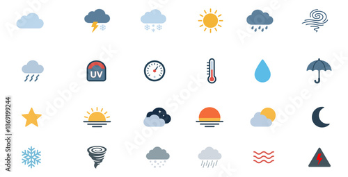 Collection of weather icons representing various conditions and forecasts displayed on a white background