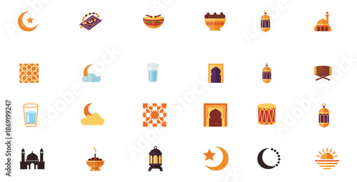 Collection of Islamic icons and symbols representing various cultural and religious elements in a minimalist design