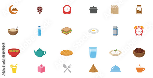 Assorted food and drink icons displayed on a white background, showcasing various cuisine and beverages from different cultures and lifestyles.