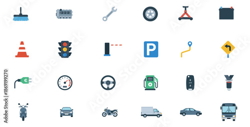 Collection of icons representing various transportation modes and related symbols displayed on a clean white background