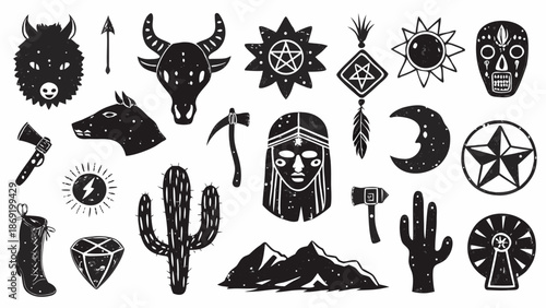 Collection of mystical tribal elements animal heads cacti mountains and symbols