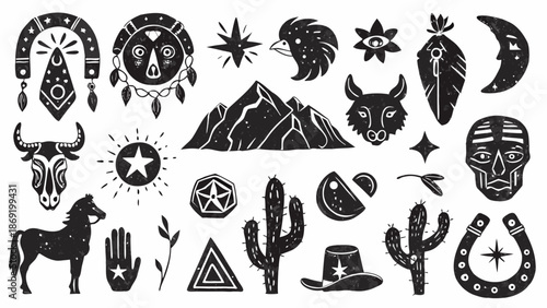 Vintage western and native american themed illustrations black and white designs