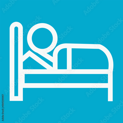 White outline icon of a person sleeping in a bed on a solid blue background, representing rest, sleep, or a hotel stay.