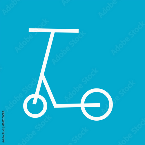 A simple white line art icon of a kick scooter on a vibrant blue background.