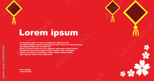 A vibrant red background template featuring traditional square lanterns with tassels and white cherry blossom flowers, with placeholder text.
