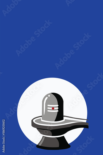 A symbolic representation of a Shiva Lingam with a tilak mark, set against a blue background with a white circle.