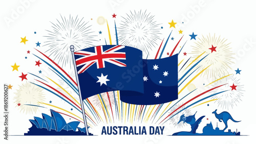 Australia Day Celebration with Flag, Fireworks, and Iconic Landmarks