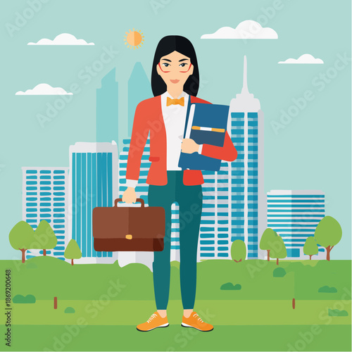 A Professional Woman Standing with Briefcase and Folder in the City Park, Ready for Business