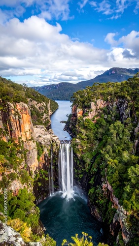 Waterfall cascading into a tranquil lake, surrounded by lush greenery and dramatic mountains