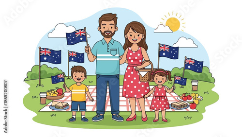 Happy Family enjoying a Picnic on Australia Day with Australian Flags Flying High on a Sunny Day