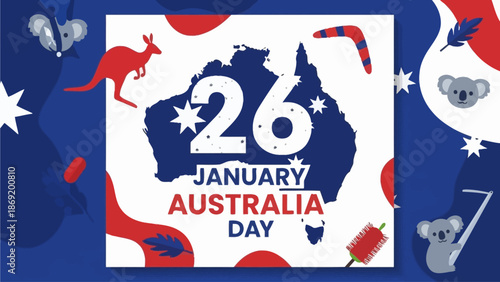 Australia Day 26 January Celebration with Kangaroo, Koala, and Boomerang on Map of Australia