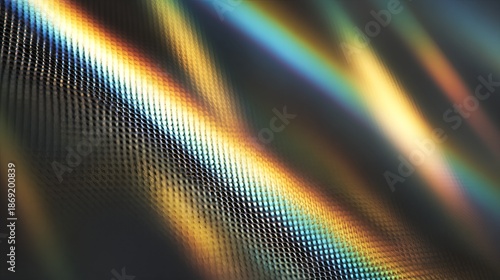 Abstract light refraction on a metallic surface with rainbow prism glow, gold, blue tones, futuristic background
