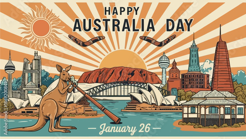 Happy Australia Day January 26th celebration with iconic landmarks and native wildlife artwork
