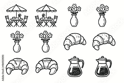 Outdoor brunch pot coffee patio icon vase artistic icons vector croissant table