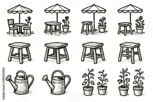 Pot backyard setup garden icon vine rustic stool vector can patio icons