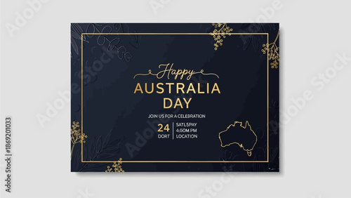 Elegant Australia Day Celebration Invitation Design with Golden Accents, Featuring National Map Outline and Festive Floral Patterns