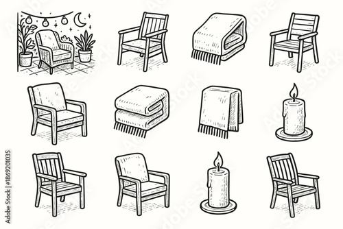 Patio icons chair creative icon ink blanket candle relaxation spot vector evening