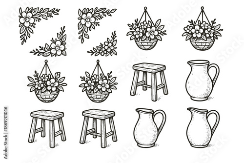 Setup creative jug floral baskets stool corner icon garden vector hanging patio