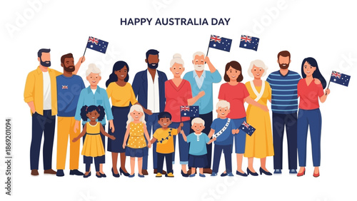 Diverse group of people celebrating Australia Day with flags and smiles