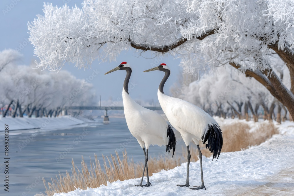 Fototapeta premium Two red-crowned cranes standing by frozen river