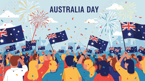 Vibrant Australian National Celebration with Cheering Crowd, Waving Flags, and Spectacular Fireworks Display