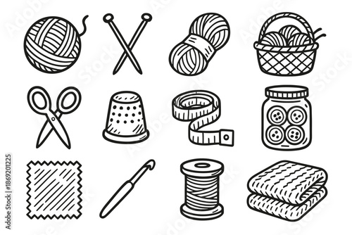 Yarn icon needles scissors spool vector blanket knitting tools fabric skein button